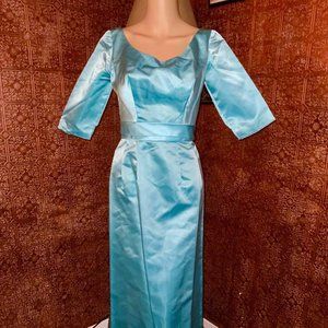 2 PIECES Vintage 1950s 2PC Turquoise Satin Wiggle Dress w/ Matching Swing Coat